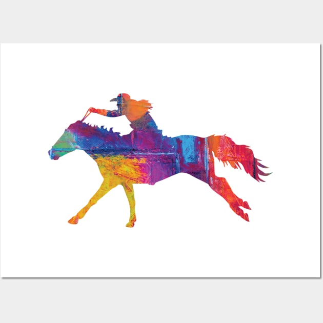 Cowgirl Riding a Running Horse with Rainbow Background Wall Art by SAMMO